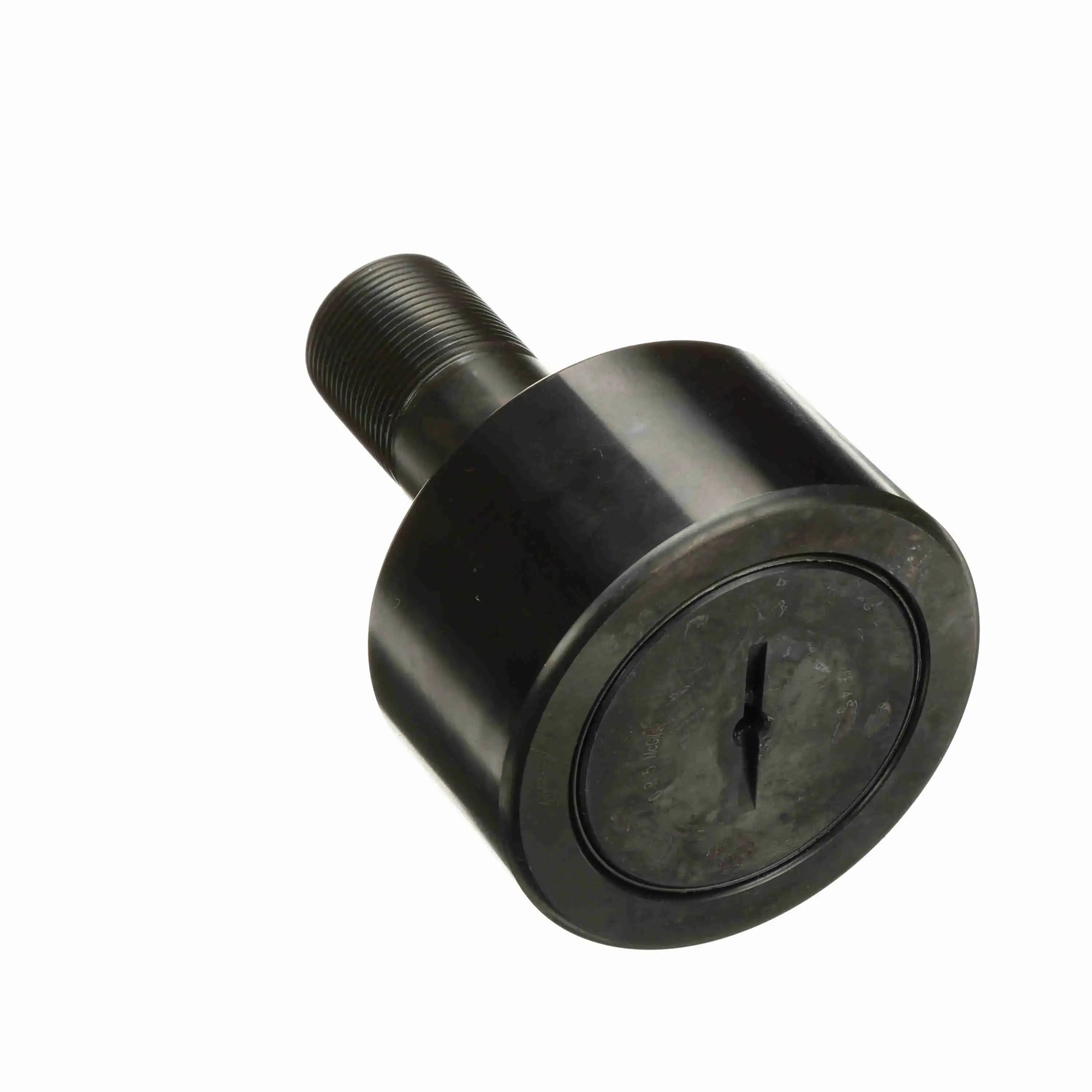 Industrial cam follower roller bearing with threaded shaft on white background