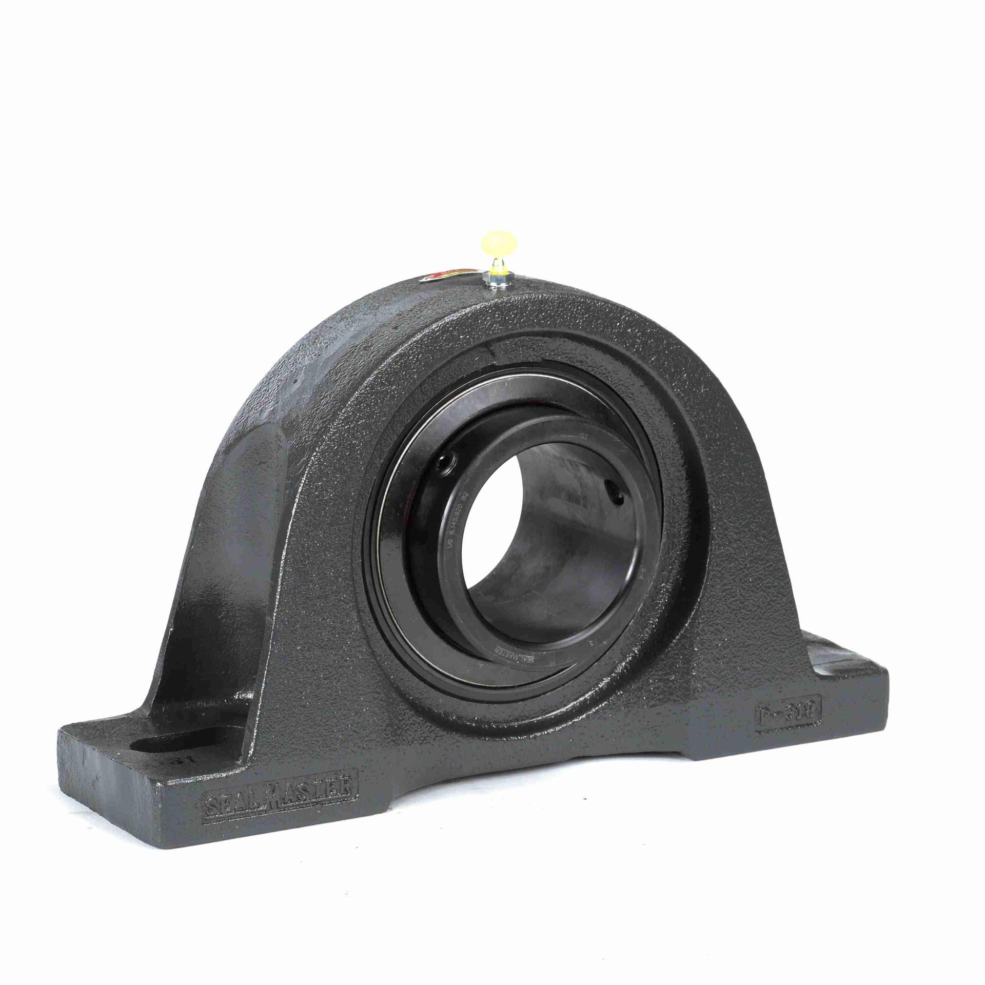 Mounted cast iron pillow block bearing, industrial bearing housing on white background