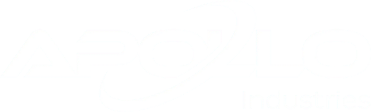 Modern Apollo Industries logo in white with stylized text and orbital ring graphic