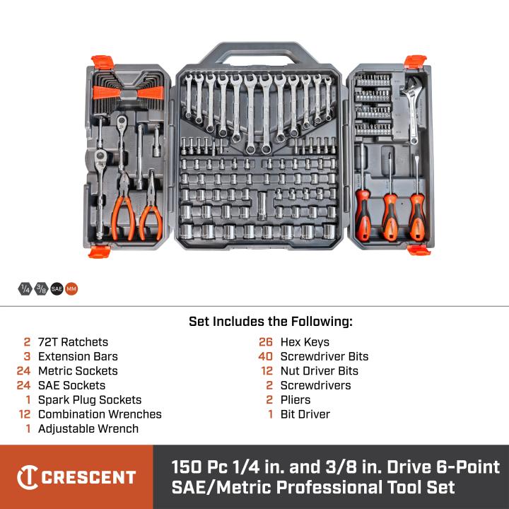 Crescent CTK150 - 150 Piece 1/4" and 3/8" Drive 6 Point SAE/Metric Professional Tool Set