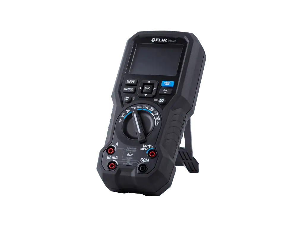 Digital multimeter FLIR DM286 with screen, control buttons, and selector dial, angled view