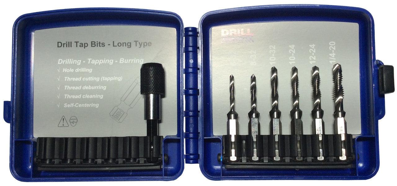 Image of 6 drill/tap combos with an extention in a blue plastic case