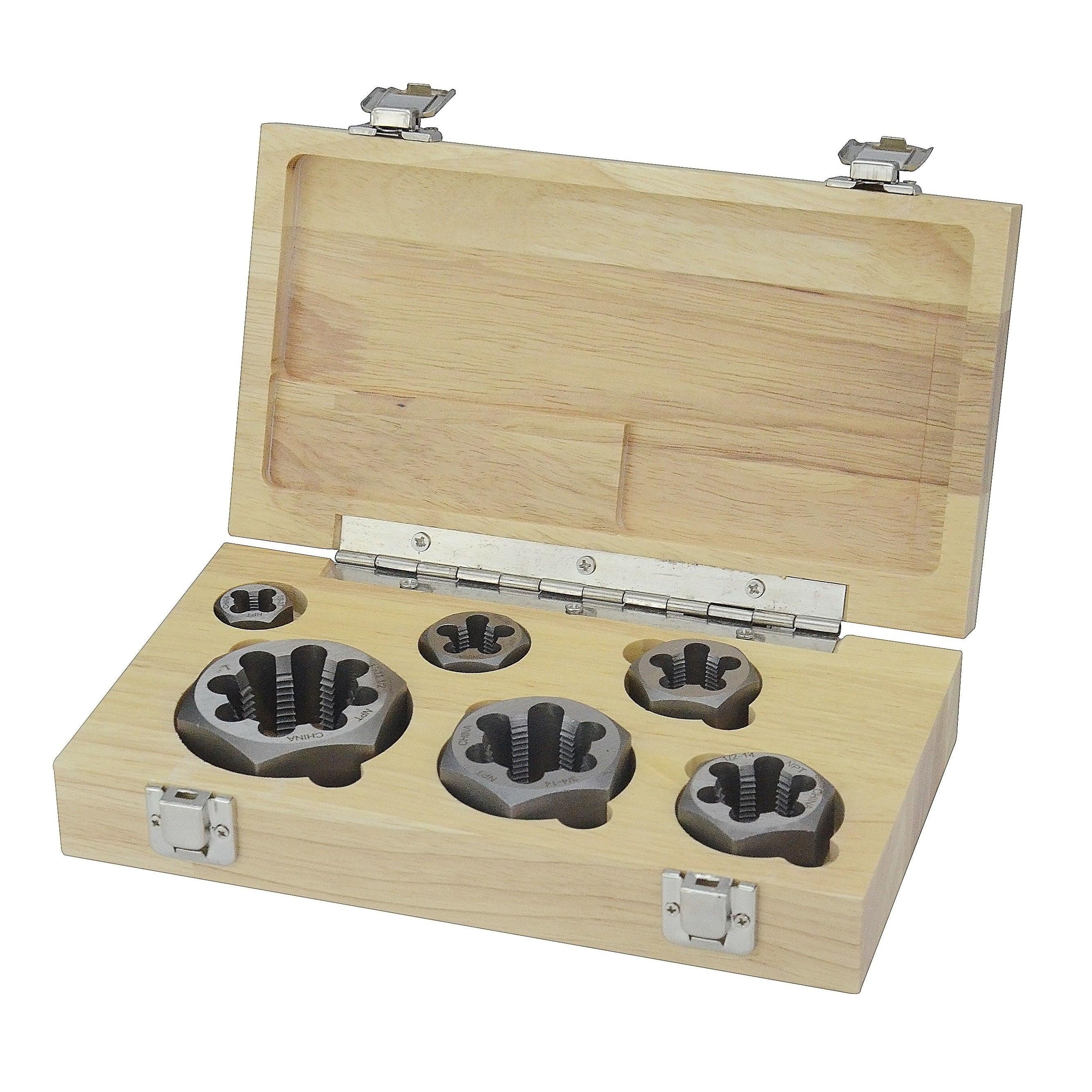 Image of a set of 6 pipe thread dies in a wooden case