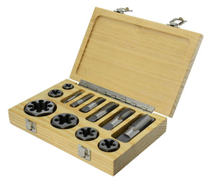 A set of 6 pipe taps ans 6 dies in a wooden case