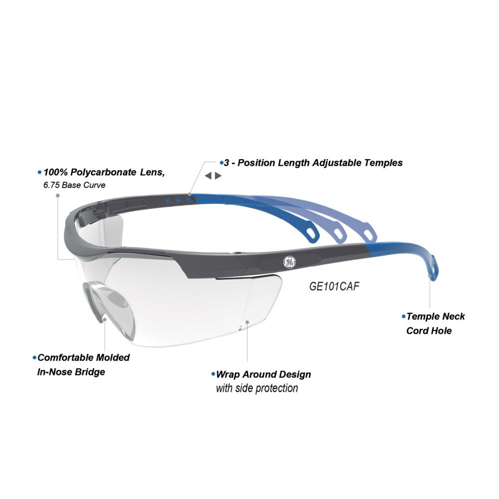 General Electric Safety Glasses with Length Adjustable Temples (01 Series) (Gray/Blue)