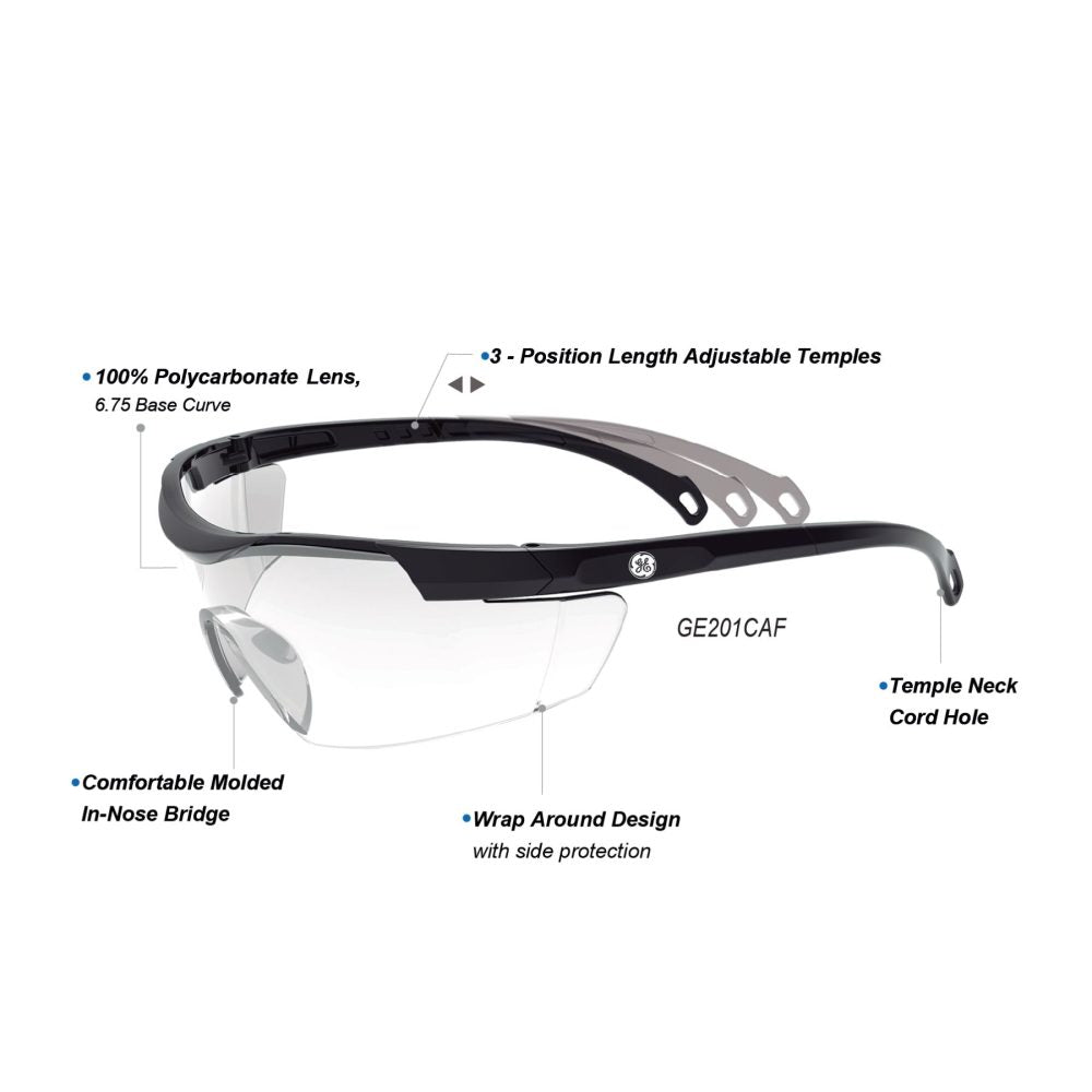 General Electric Safety Glasses with Length Adjustable Temples (01 Series) (Black)