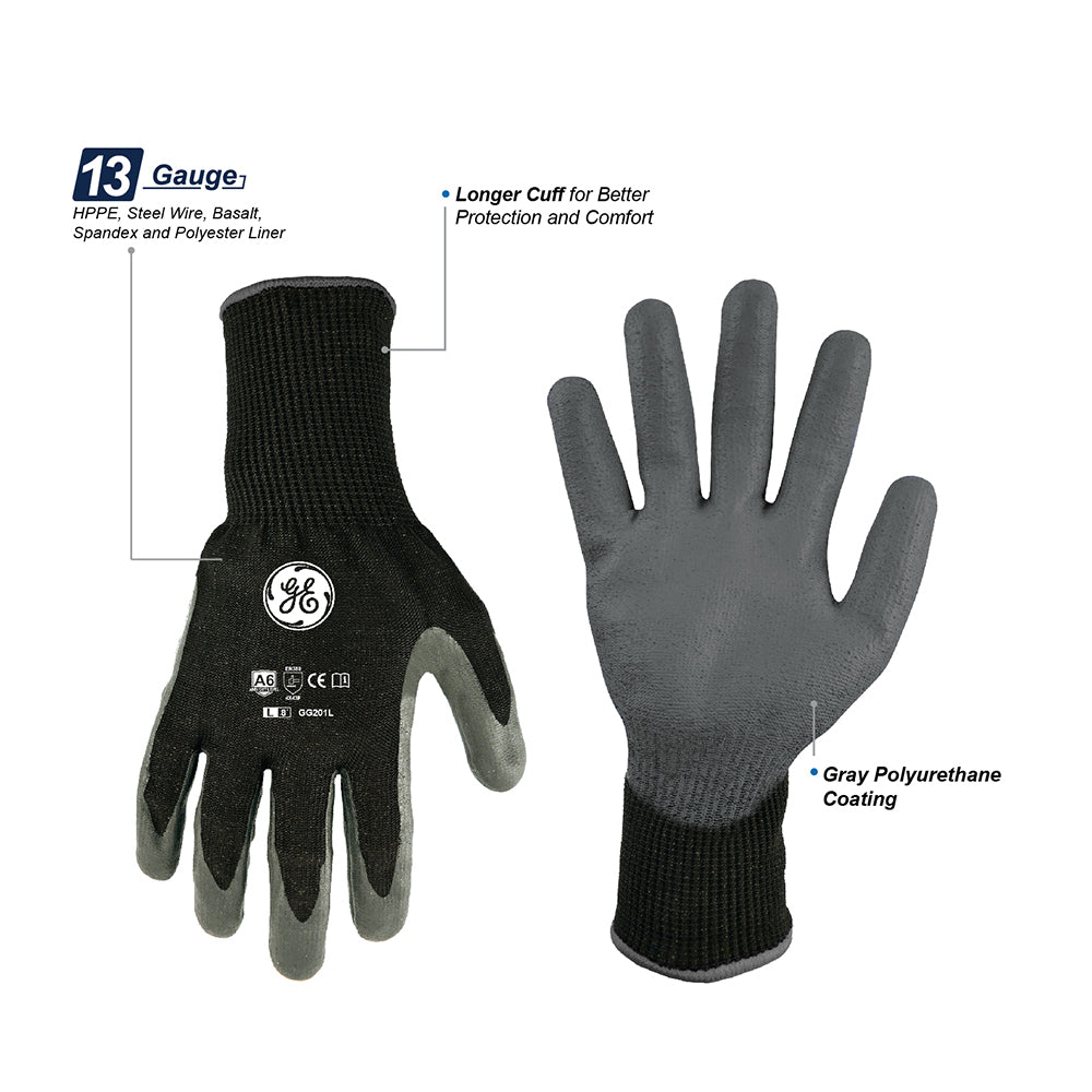 General Electric 13 GA PU Dipped Gloves A6 cut resistant gloves - Apollo Industries 