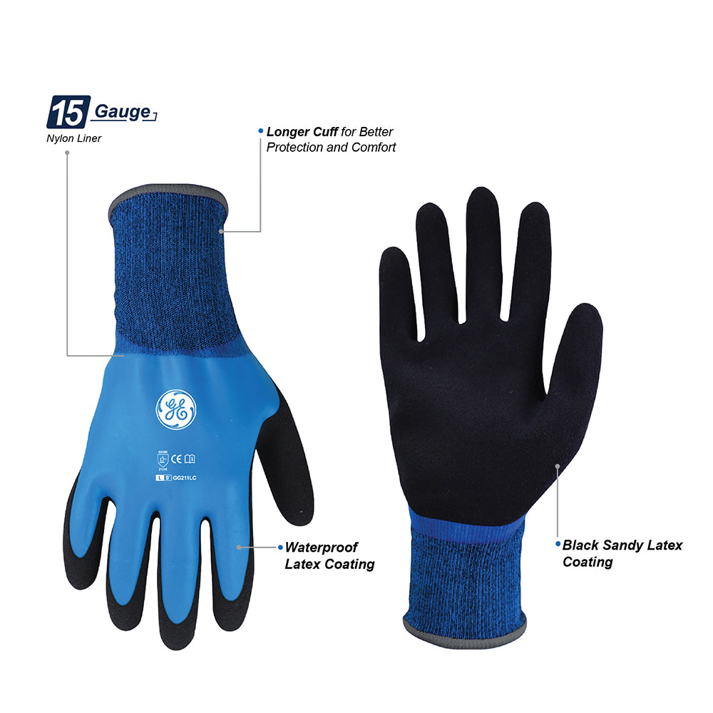 General Electric 15 GA Waterproof Sandy Latex Double Dipped Gloves general purpose gloves Unisex (GG211)