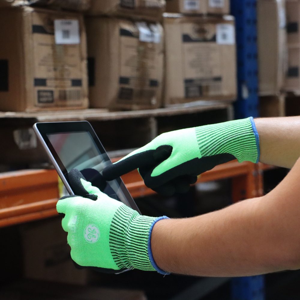 General Electric 13 GA Hi-Vis Touch Screen Sandy Nitrile Dipped Gloves A3 cut resistant gloves - Apollo Industries 