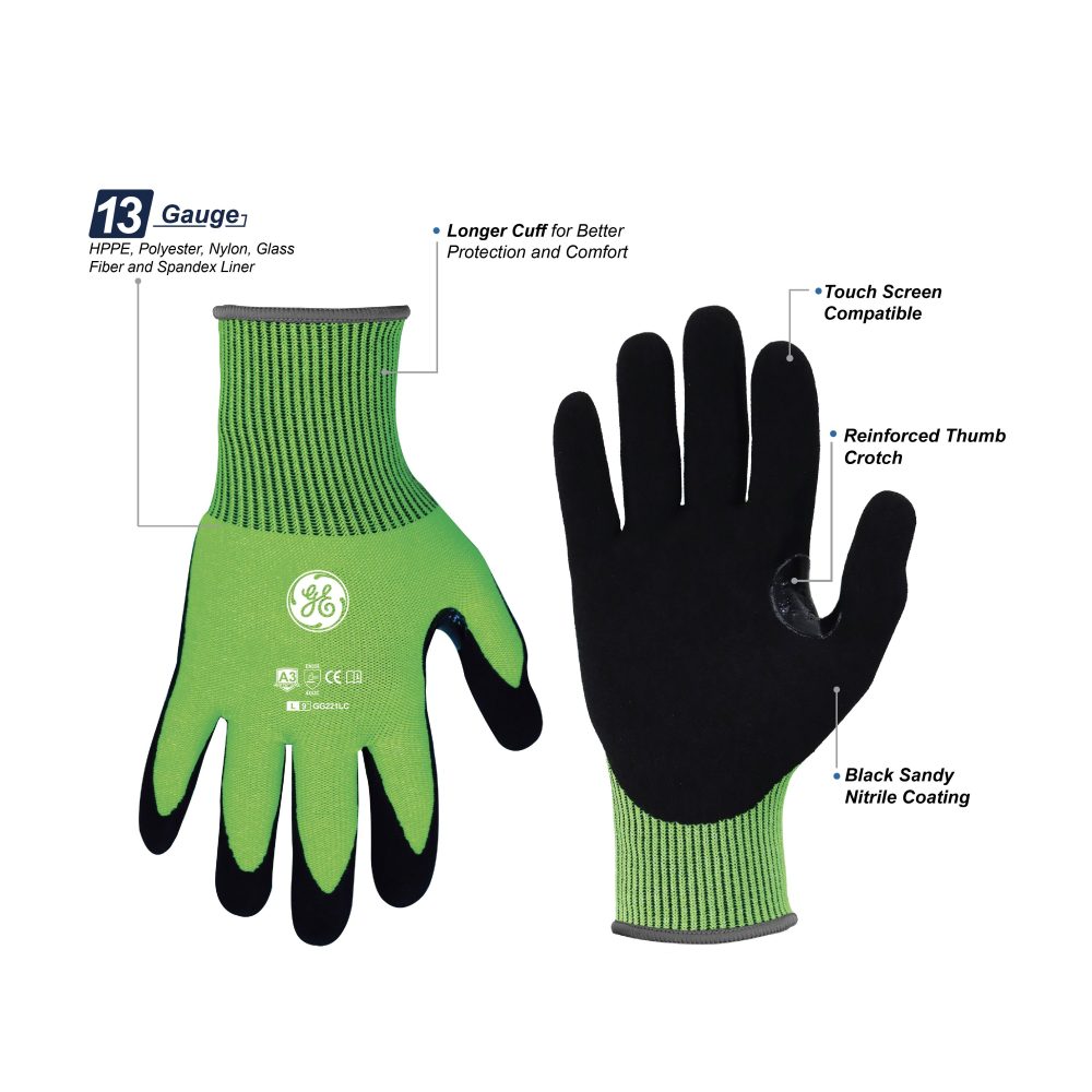 General Electric 13 GA Hi-Vis Touch Screen Sandy Nitrile Dipped Gloves A3 cut resistant gloves - Apollo Industries 