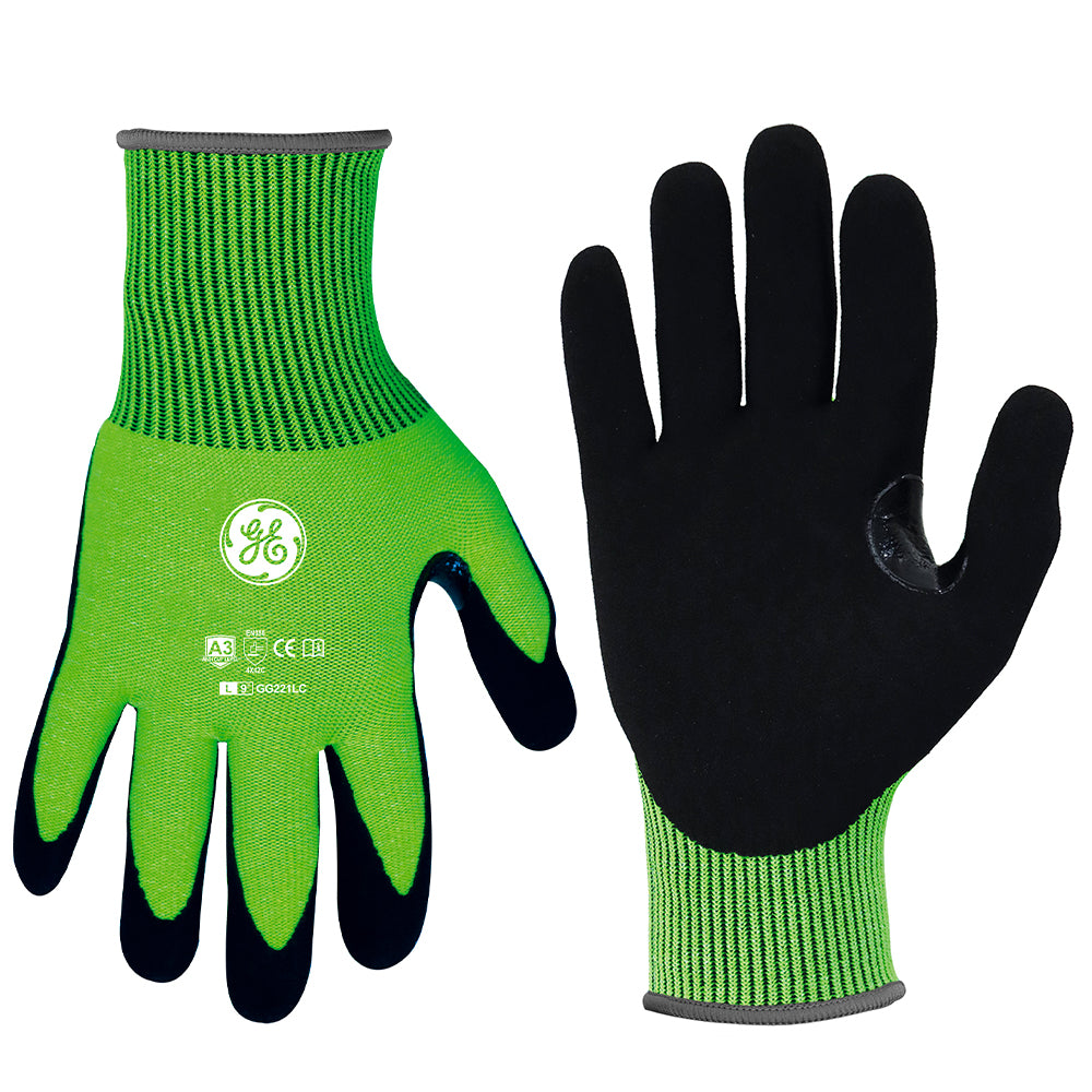 General Electric 13 GA Hi-Vis Touch Screen Sandy Nitrile Dipped Gloves A3 cut resistant gloves - Apollo Industries 