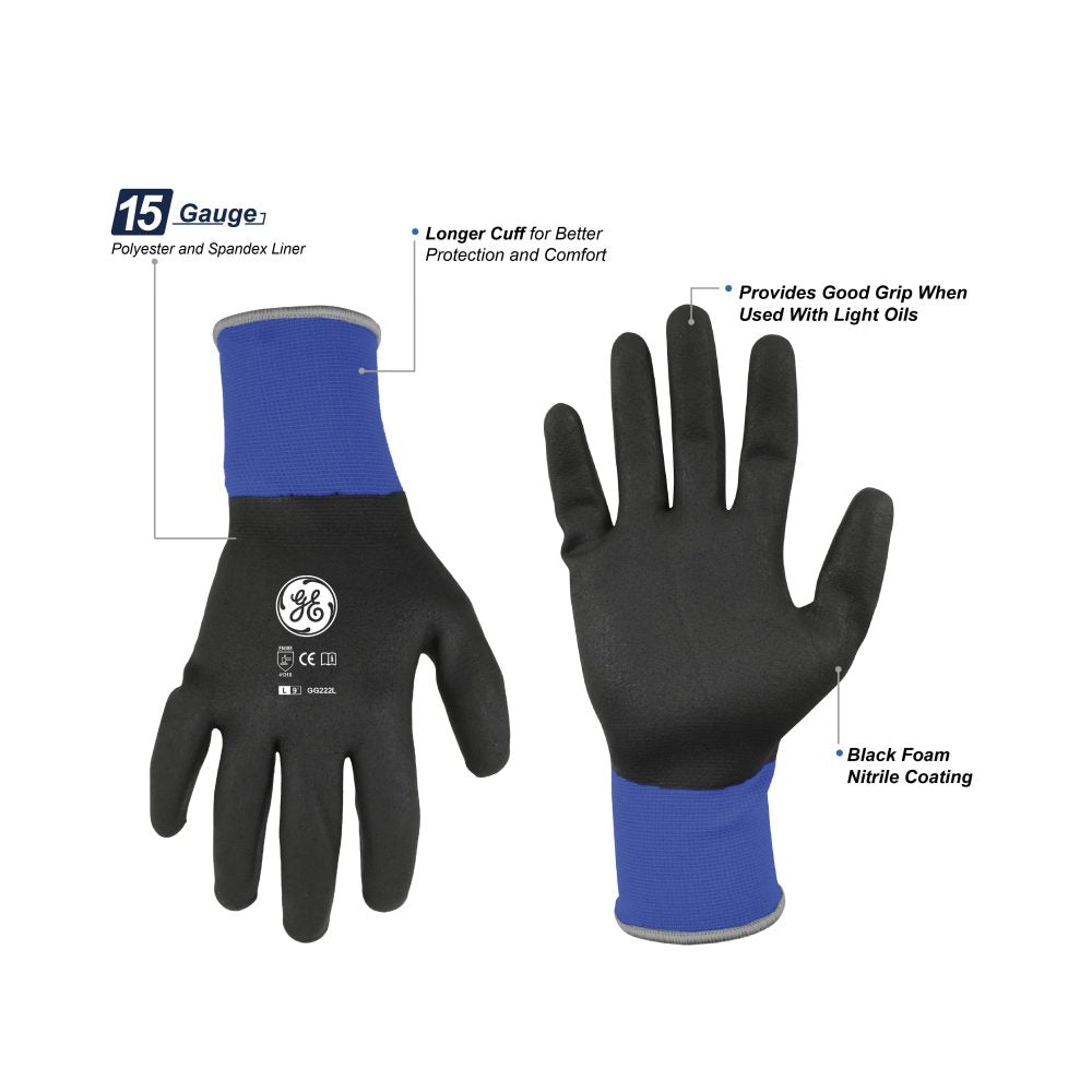 General Electric 15 GA Fully Dipped Foam Nitrile Gloves general purpose gloves Unisex (GG222)