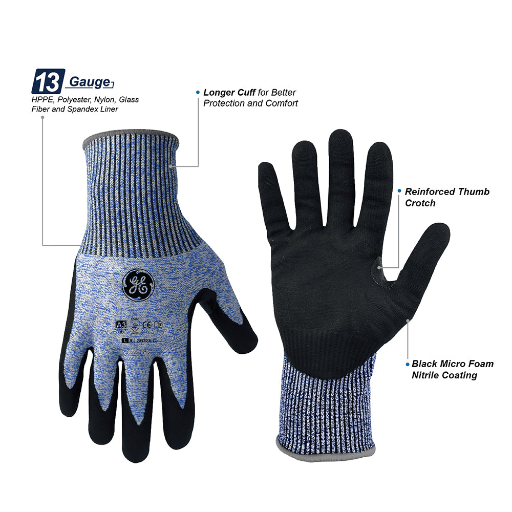General Electric 13 GA Micro Foam Nitrile Dipped Gloves A3 cut resistant gloves - Apollo Industries 