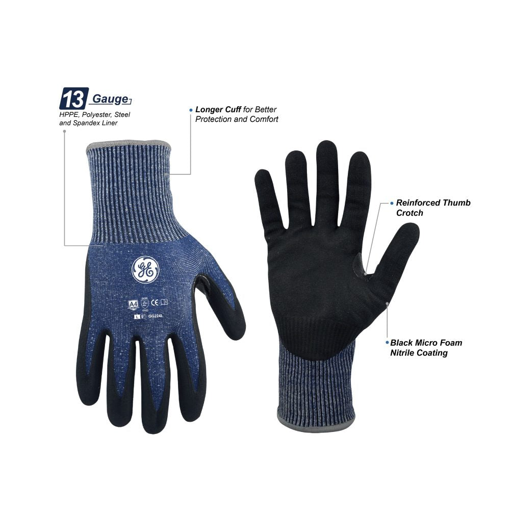 General Electric 13 GA Micro Foam Nitrile Dipped Gloves A4 cut resistant gloves - Apollo Industries 