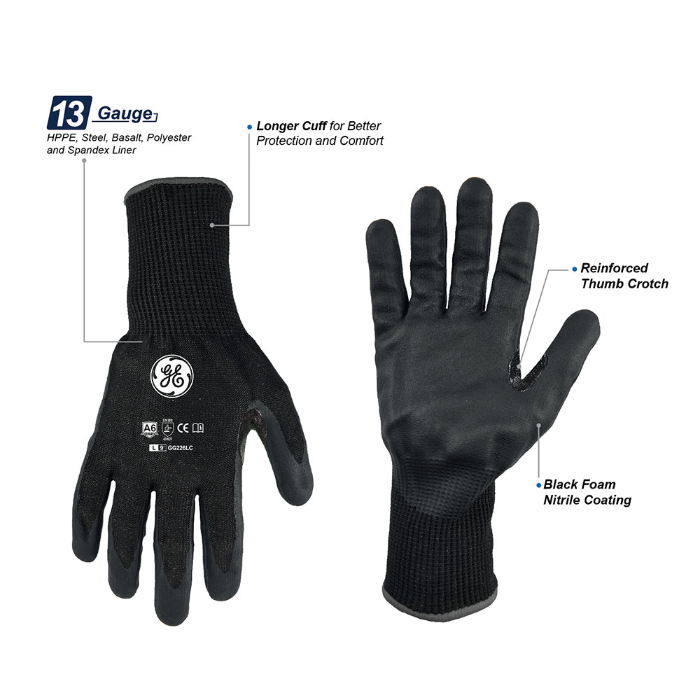 General Electric 13 GA Foam Nitrile Dipped Gloves A6 cut resistant gloves Unisex (GG226)