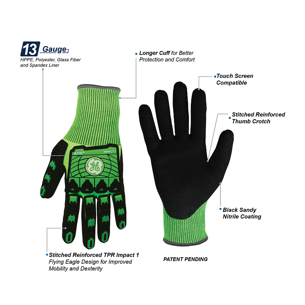 General Electric 13 GA Touch Screen Sandy Nitrile TPR Impact 1 Resistant Gloves A3 Unisex (GG240)
