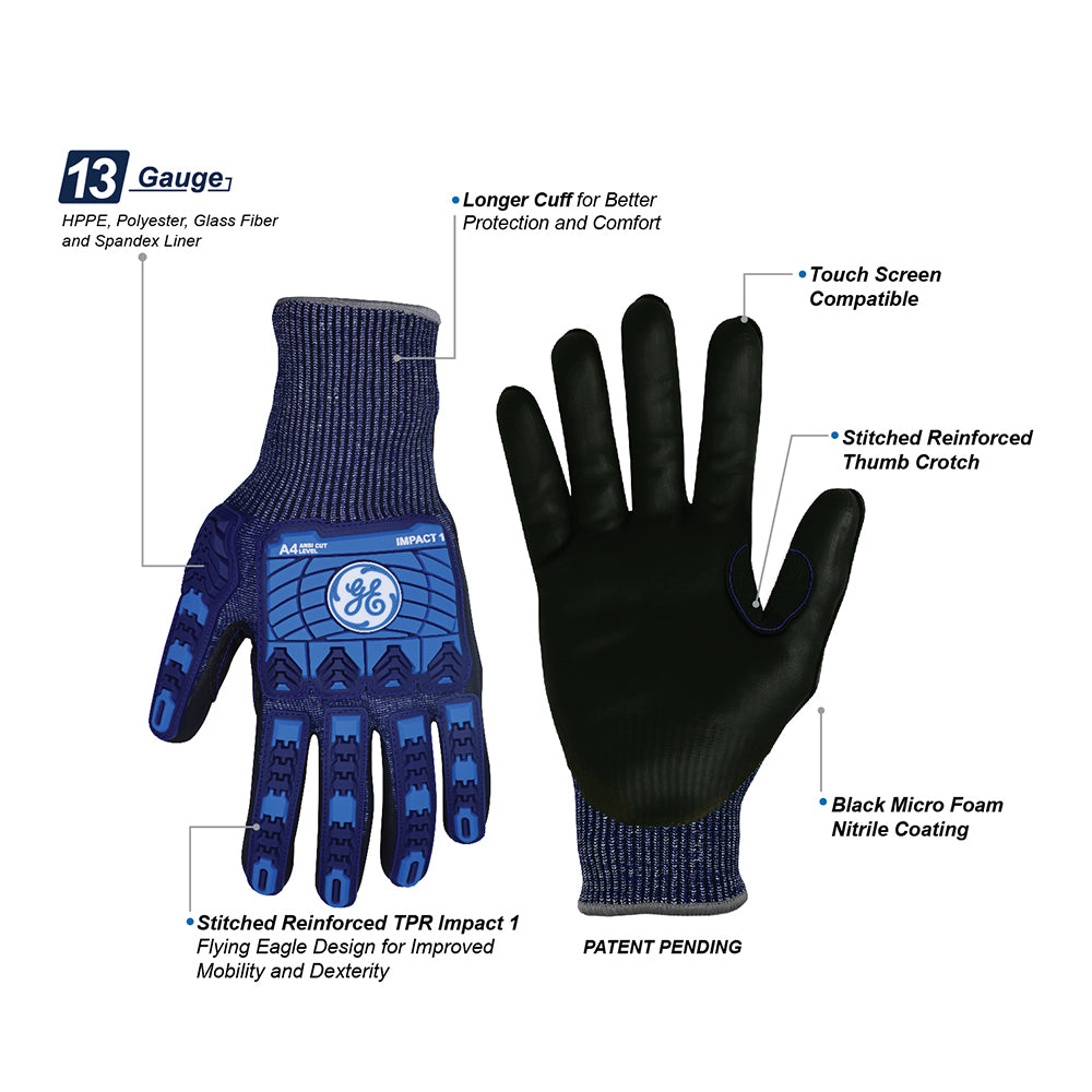General Electric 13 GA Touch Screen Micro Foam Nitrile TPR Impact 1 Resistant Gloves A4 Unisex (GG242)