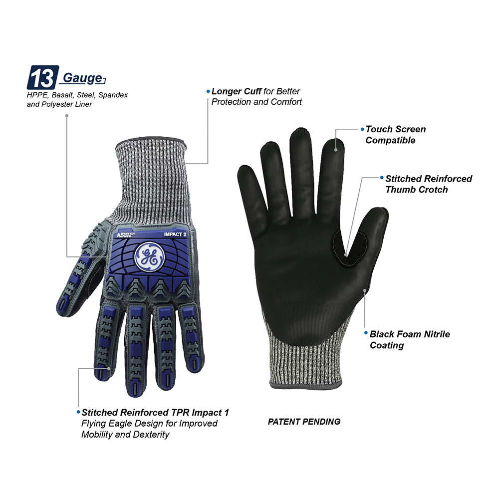 General Electric 13 GA Touch Screen Foam Nitrile TPR Impact 2 Resistant Gloves A5 Unisex (GG244)