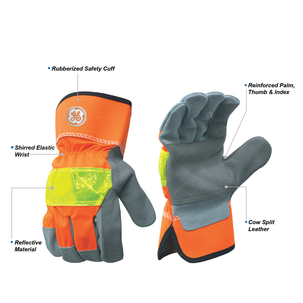 General Electric Hi-Vis Reinforced Double Palm Cow Split Leather Gloves Unisex (GG322)