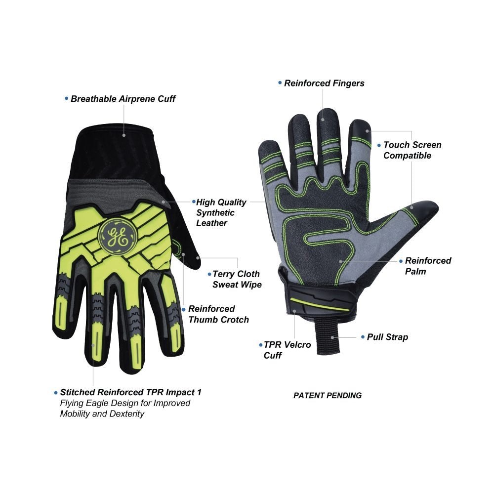 General Electric Hi-Vis Synthetic Leather Impact Resistant Work Gloves Velcro Cuff Unisex (GG417)