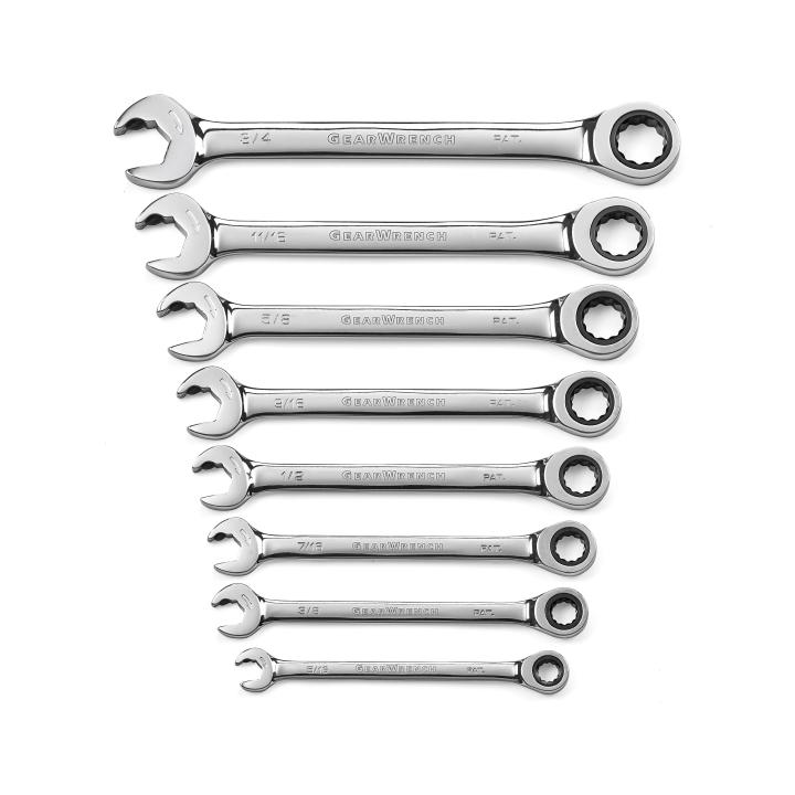 GearWrench 85599 - 8 Piece 72-Tooth 12 Point Open End Ratcheting Combination SAE Wrench Set