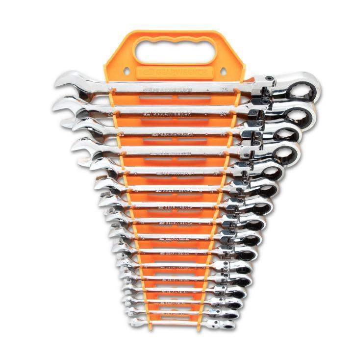 Set of chrome ratcheting combination wrenches in orange plastic holder