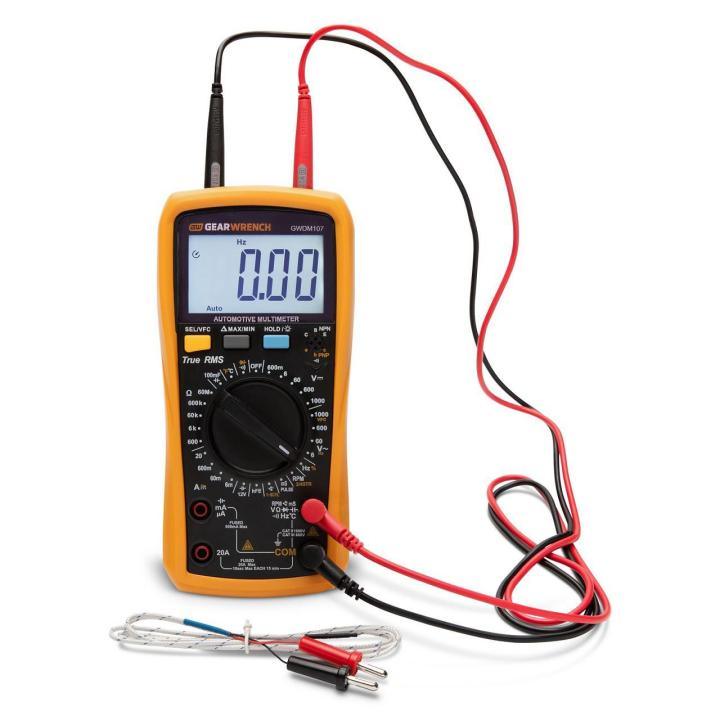 GearWrench GWDM107 - Automotive Pro True RMS Digital Multimeter, measures AC/DC voltage up to 1000V, AC/DC current up to 20A, and resistance up to 60MΩ.