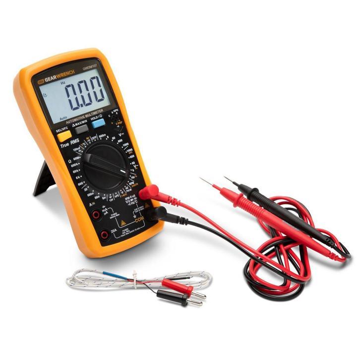 GearWrench GWDM107 - Automotive Pro True RMS Digital Multimeter, measures AC/DC voltage up to 1000V, AC/DC current up to 20A, and resistance up to 60MΩ.