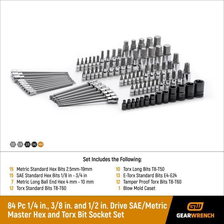 GearWrench 80742 - 84 Piece 1/4", 3/8" & 1/2" Drive Hex/Ball End Hex/Tamper Proof Torx®/External Torx®/Torx® SAE/Metric Bit Set