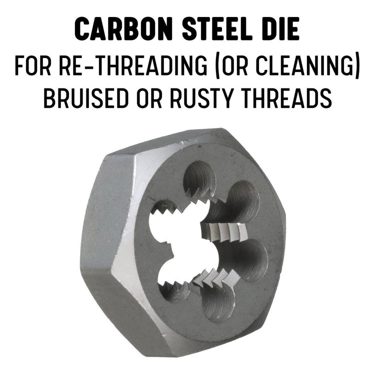 Image of a die with text describing the material as carbon steel