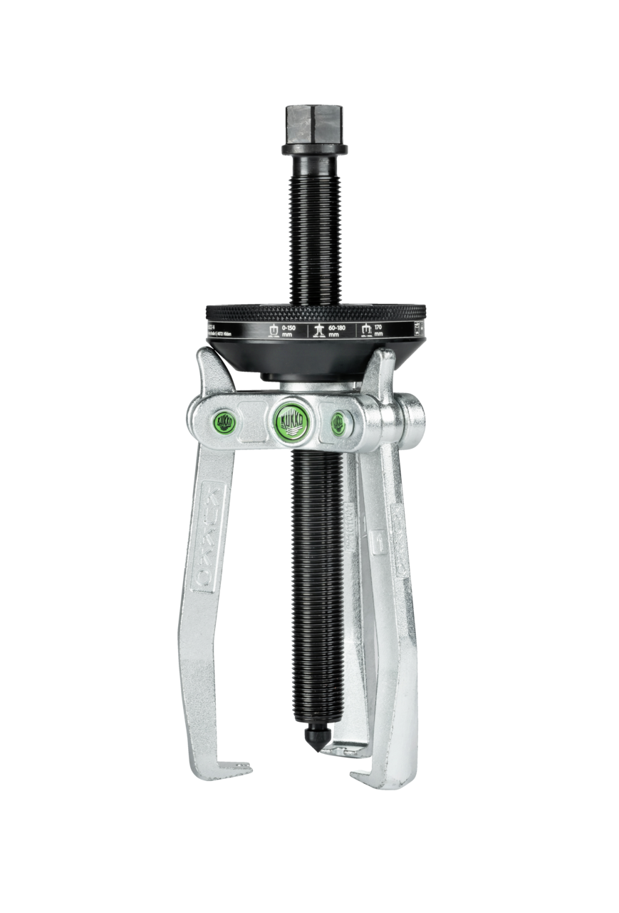 kukko 221-1 3-jaw puller with conical self-tensioning, up to 120 mm spread, 120 mm reach for centric removal of bearings, gears, and discs in all common sizes for crafts, workshops, and industr