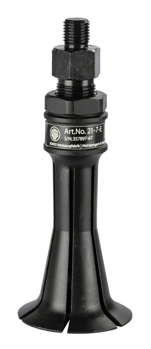 Black metal industrial puller part with threaded end and flange base, labeled Art.No. 21-7-E