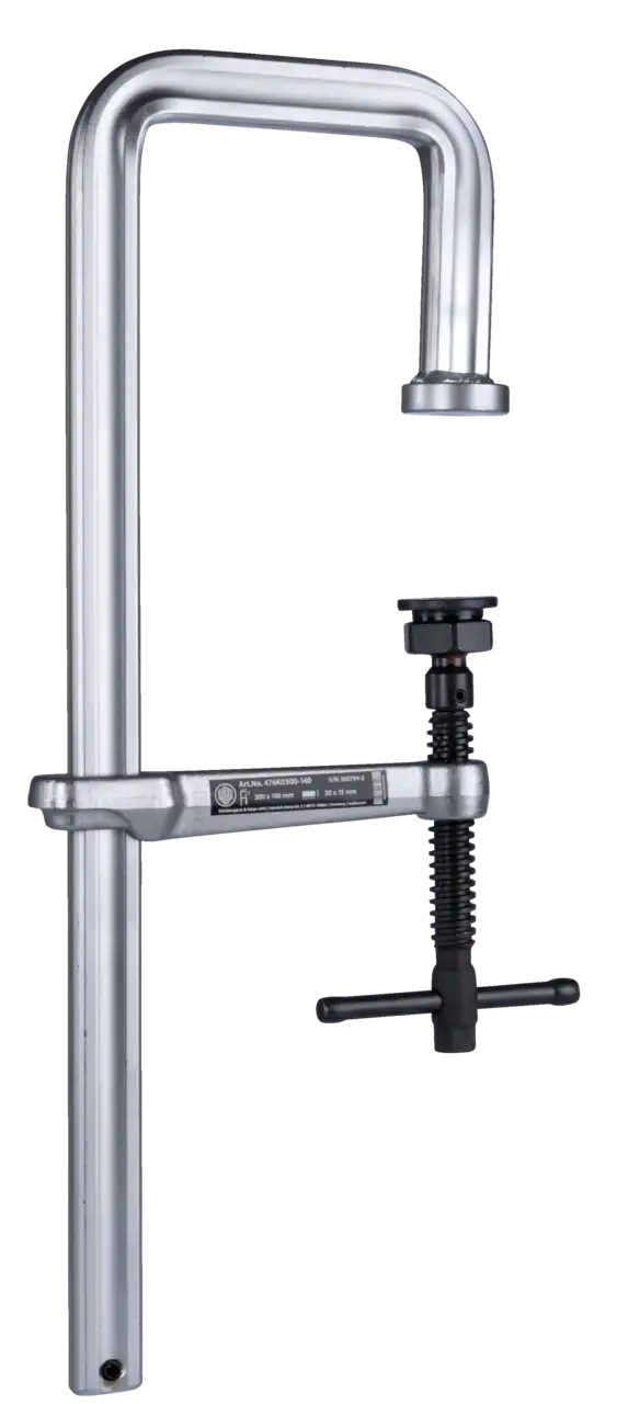 Heavy duty F clamp with adjustable screw handle and metal frame for industrial use