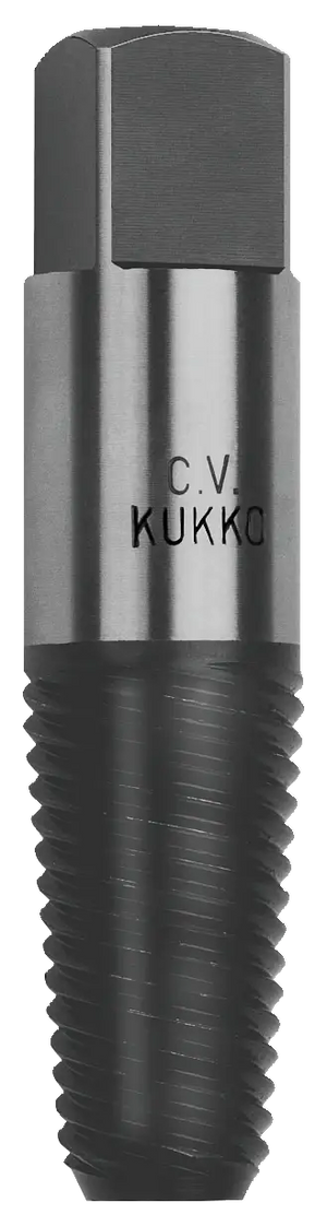Steel screw extractor tool with hex head and spiral threads, engraved with C.V. Kukko