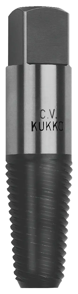 Steel screw extractor tool with hex head and spiral threads, engraved with C.V. Kukko