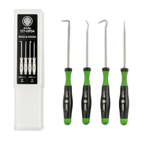 Four-piece picks and hooks set with green handles and labeled carrying case