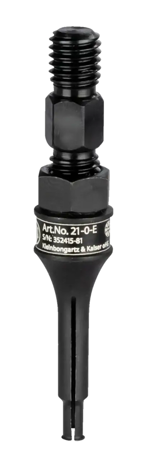 Black precision industrial adapter with threaded fitting and product markings, isolated on white
