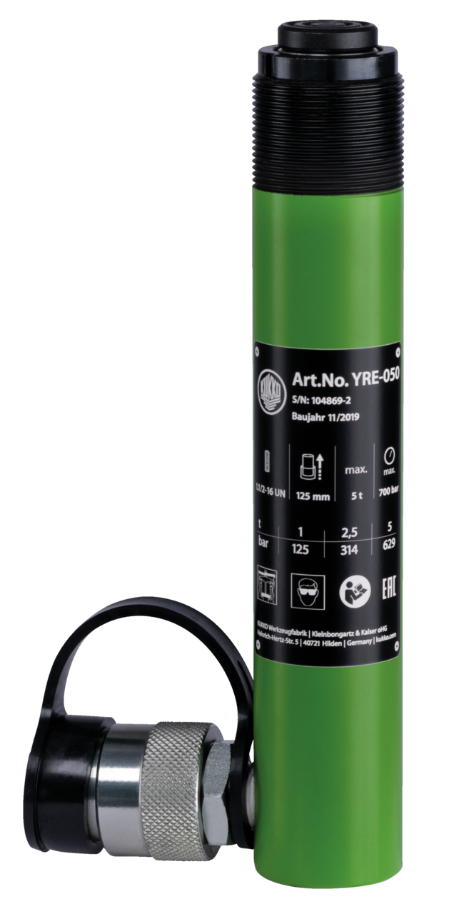kukko yre-050 hydraulic pressure cylinder with collar thread, max. {8600} t tension force for applications in all positions in crafts, industry, and workshops