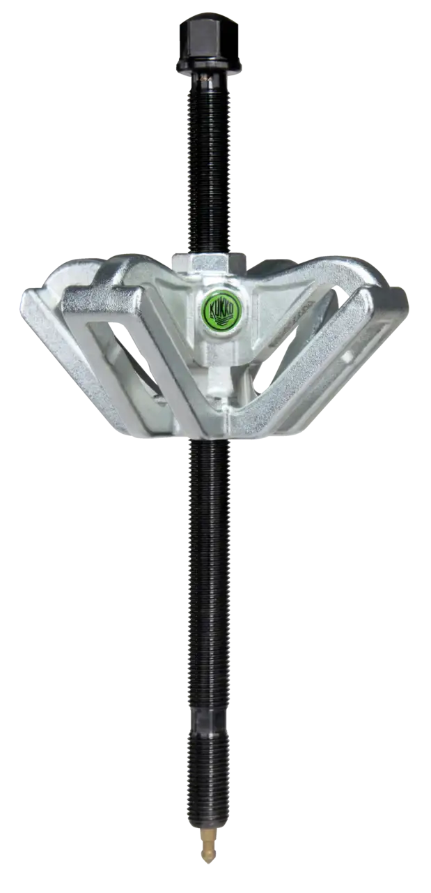 Heavy-duty Kukko gear puller tool with adjustable arms and central threaded screw.