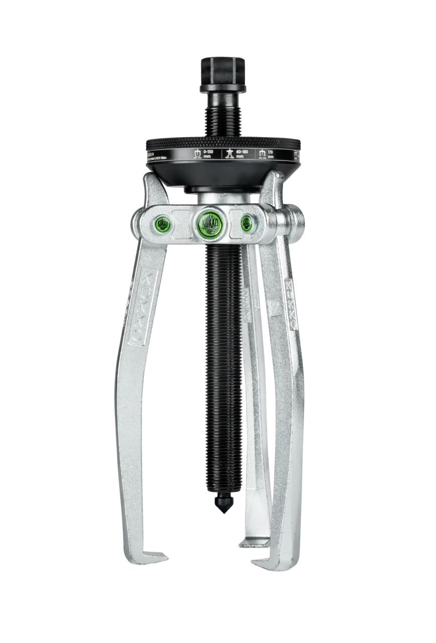 kukko 221-2 3-jaw puller with conical self-tensioning, up to 150 mm spread, 170 mm reach for centric removal of bearings, gears, and discs in all common sizes for crafts, workshops, and industr