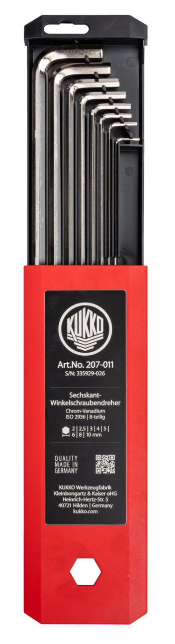kukko 207-011 angle screwdriver set iso 2936 with key sizes 2, 2,5, 3, 4, 5, 6, 8, 10 for operating hard-to-reach screw heads in workshops, industry, and crafts
