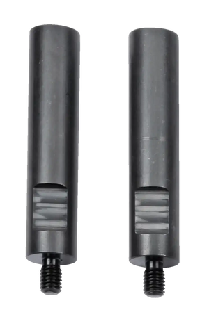 Pair of metal industrial dowel pins with threaded ends and grooved shafts for machinery