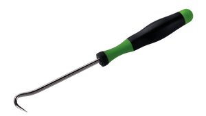 Curved hook pick tool with black and green ergonomic handle for shop and automotive use