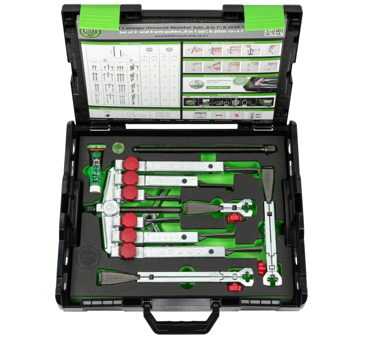 kukko k-2030-10+s-t 2-, 3-jaw universal puller set with extremely narrow, quick-adjustable jaws for 2-jaw and 3-jaw pulling of gear wheels, bearings, sprockets, synchronizers, etc