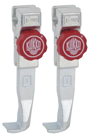 Pair of Kukko puller tool parts with red adjustment knobs and silver metal finish