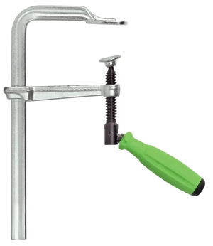 Metal F clamp with green ergonomic handle for woodworking and shop projects