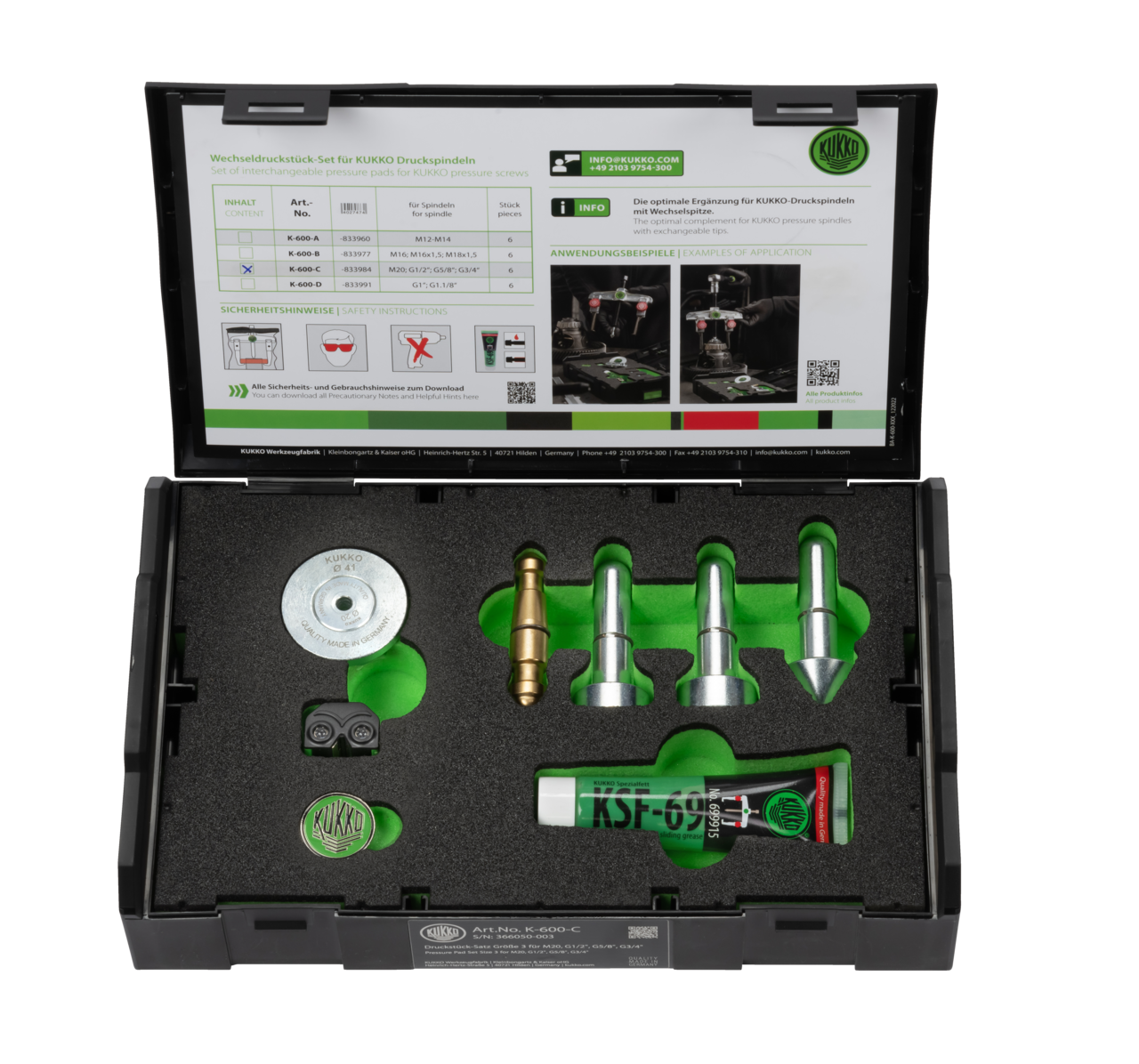 kukko k-600-c wechseldruckstück-set ø 20; 32; 41 mm (m20 - g3/4") for kukko pressure spindles with interchangeable tips and can be used for any mounting position