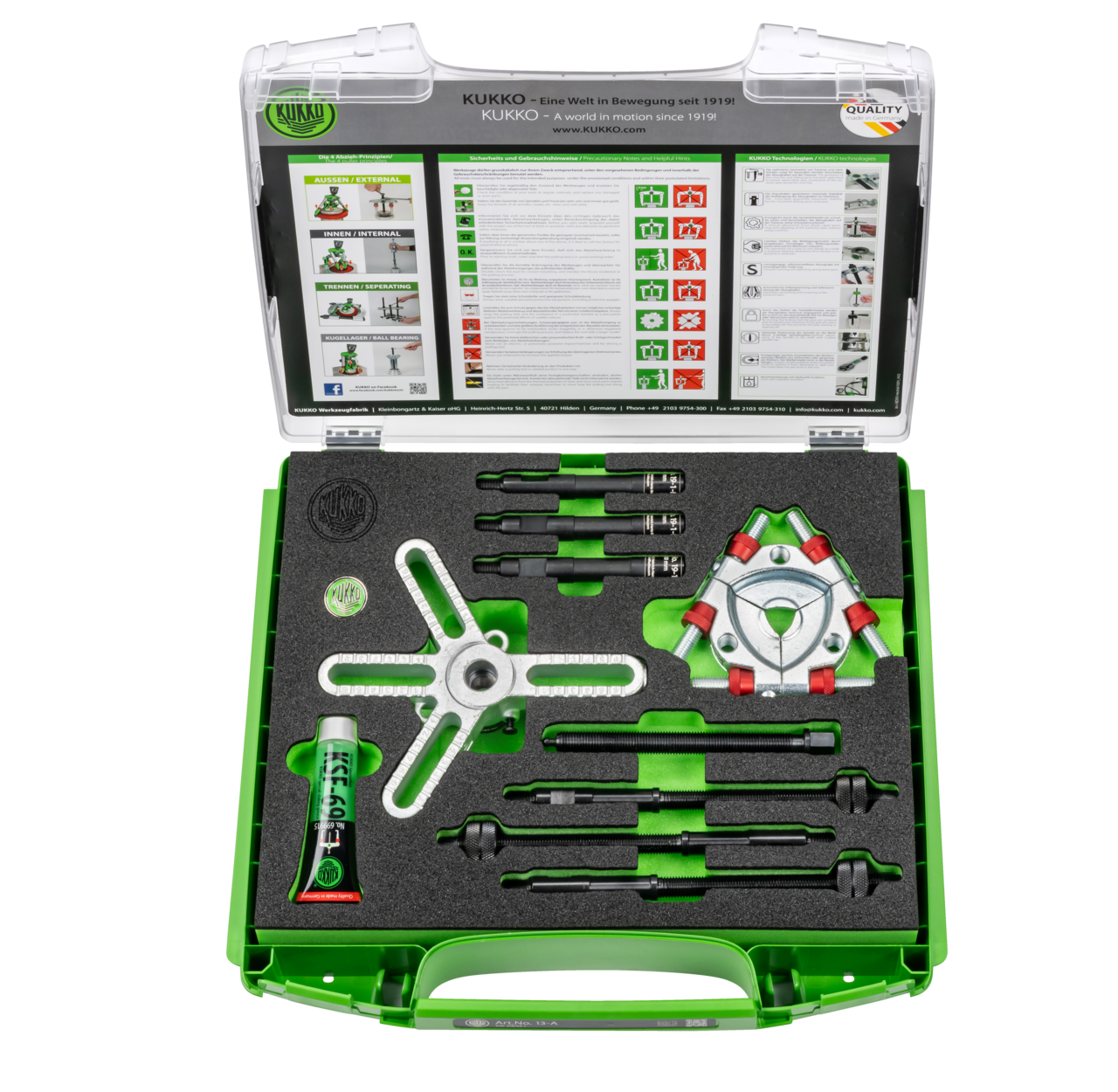 kukko 13-a seperator set ø 12-75 mm/300 mm for pulling ball bearings, roller bearings, inner rings, and other flat-lying parts in crafts, industry,