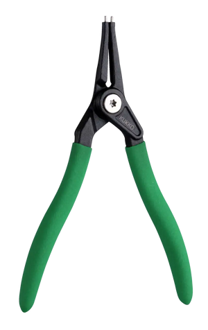 Precision snap ring pliers with green handles, industrial hand tool on white background