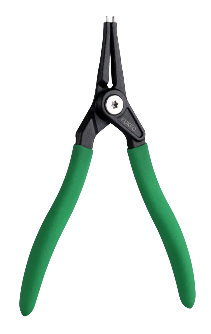 Precision snap ring pliers with green handles, industrial hand tool on white background